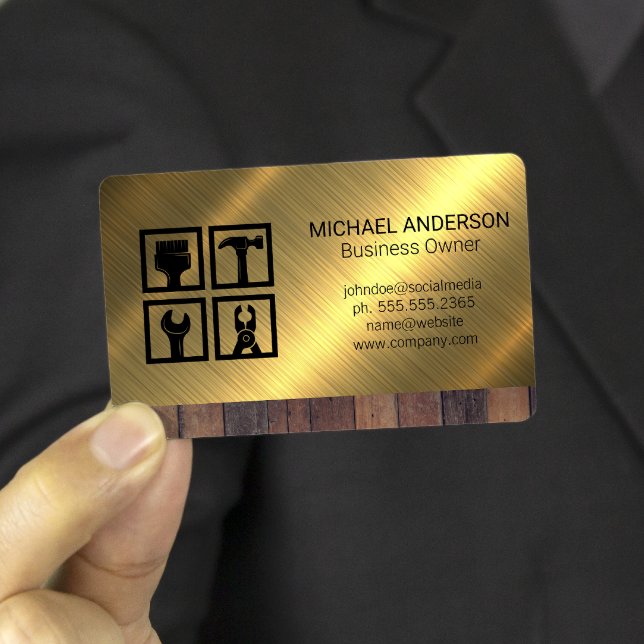 Construction Tool Icons | Wood Metal Background Business Card (Creator Uploaded)