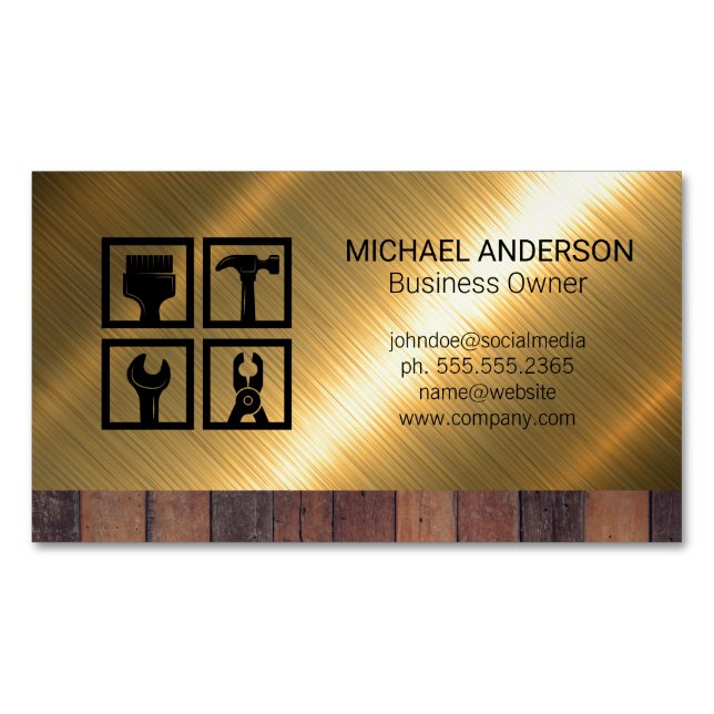 Construction Tool Icons | Wood Metal Background Business Card Magnet (Front)