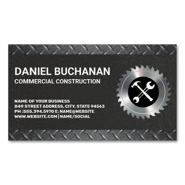 Construction Tools | Diamond Plated Steel Business Card Magnet (Front)