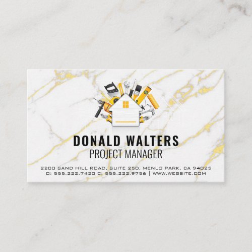 Construction Tools  Gold Flakes White Marble Business Card