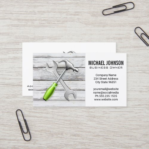 Construction Tools Hammer Wrench  Wood Background Business Card