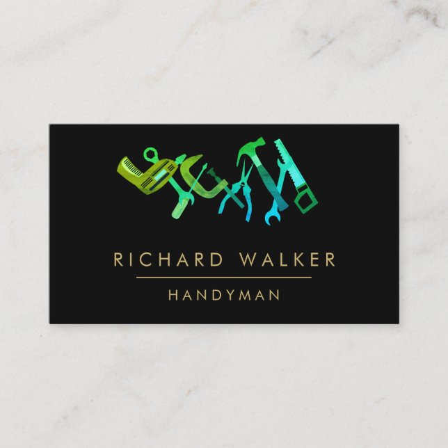Construction Tools Handyman Teal Black Carpenter Business Card (Front)