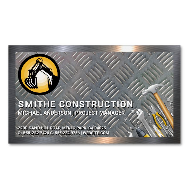 Construction Tools | Metal Border | Steel Business Card Magnet (Front)