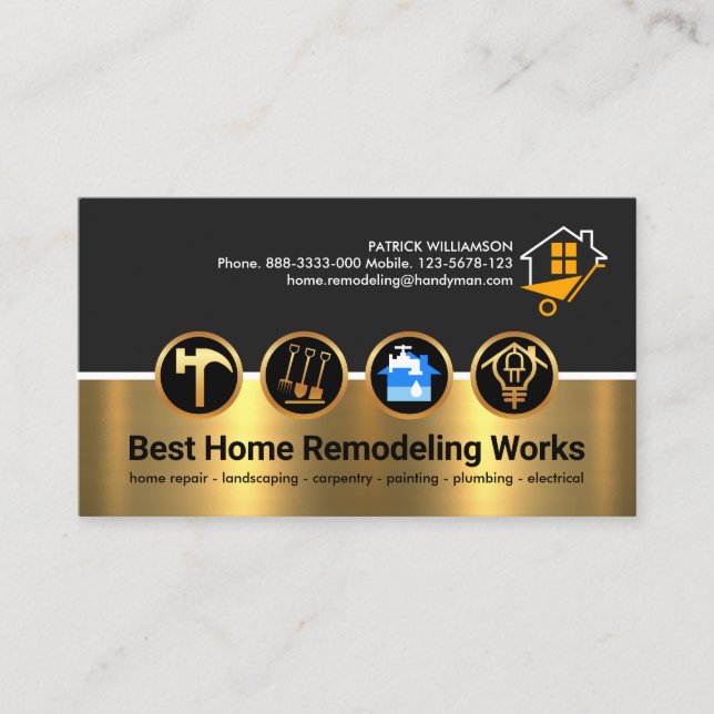 Construction Tools On Gold Building Business Card (Front)