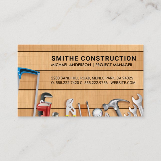 Construction Tools on Wooden Table | Carpentry Business Card (Front)