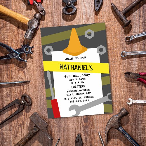 Construction Tools Orange Cone Birthday Party Invitation