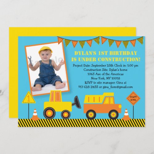 Construction Truck 1st Birthday Invitation