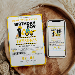 Construction Truck 1st Birthday   Kids Birthday  Invitation