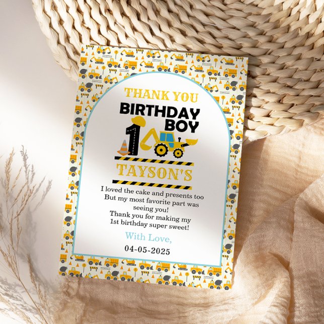 Construction Truck 1st Birthday | Kids Party Thank You Card (Creator Uploaded)