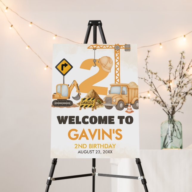 Construction Truck 2nd Birthday Party Welcome Sign (In Situ (Stand))