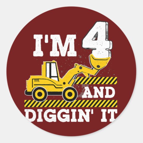 Construction Truck 4th Birthday Boy Excavator 4 Classic Round Sticker