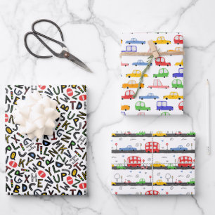 Construction Truck And Alphabet Pattern Wrapping Paper Sheets