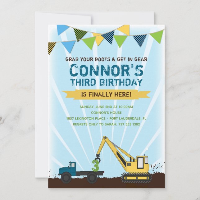 Construction Truck and Tractor Birthday Party Invitation (Front)