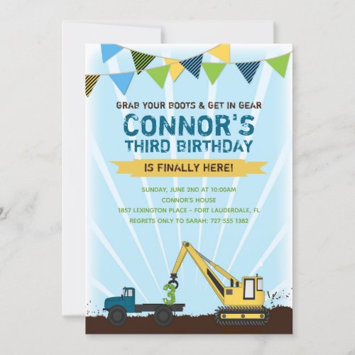 Construction Truck and Tractor Birthday Party Invitation