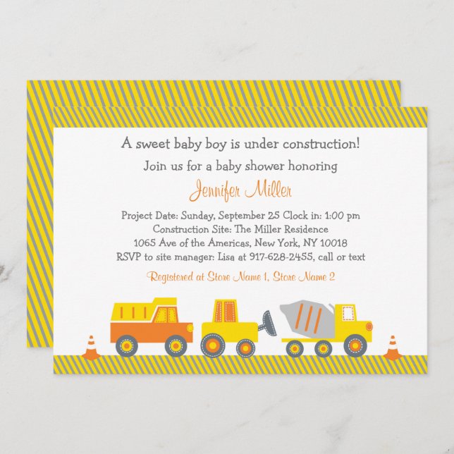 Construction Truck Baby Shower Invitation (Front/Back)