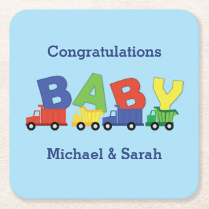 Construction Truck Baby Shower Square Paper Coaster