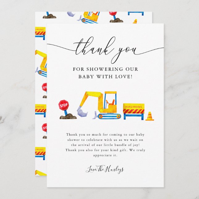 Construction Truck Baby Shower Thank You Card (Front/Back)