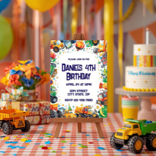Construction Truck Birthday Invitation Watercolor
