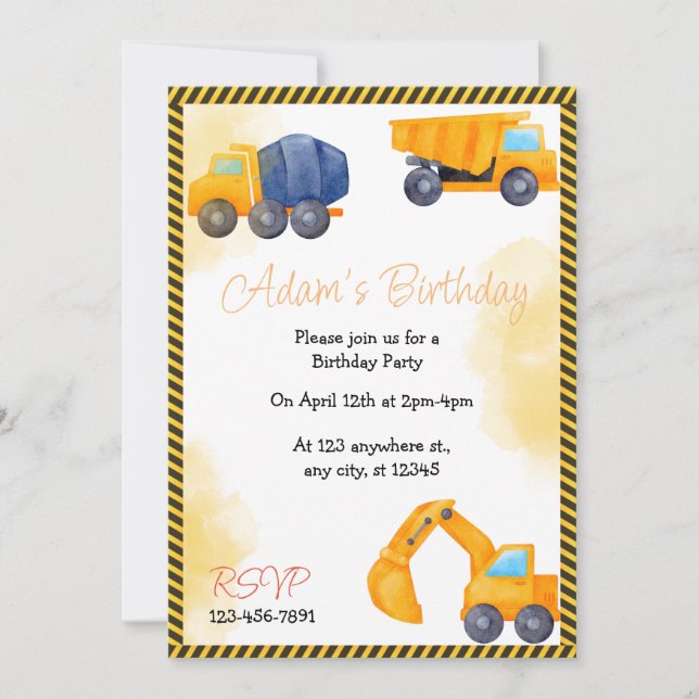 Construction Truck Birthday Party Invitation (Front)