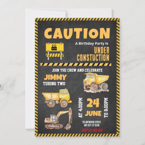 Construction Truck  Birthday Party Invitation