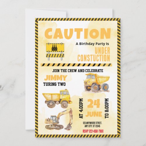 Construction Truck  Birthday Party Invitation