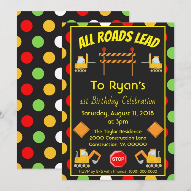 Construction Truck Birthday Party Polka Dot Fun Invitation (Front/Back)