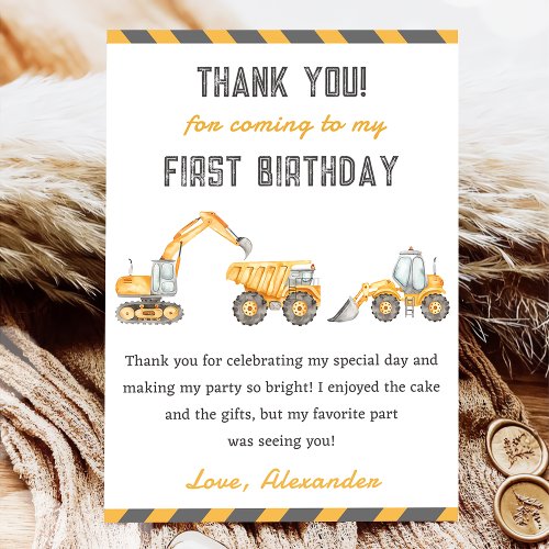 Construction Truck Birthday Party Thank You Card 