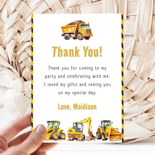 Construction Truck Birthday Party Thank You Card