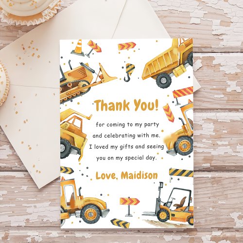 Construction Truck Birthday Party Thank You Card