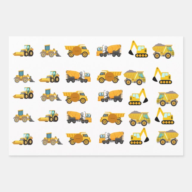 Construction Truck Birthday Party Wrapping Paper Sheets (Front)