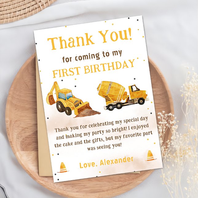 Construction Truck Birthday Photo Thank You Card  (Creator Uploaded)