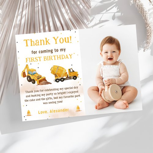 Construction Truck Birthday Photo Thank You Card 