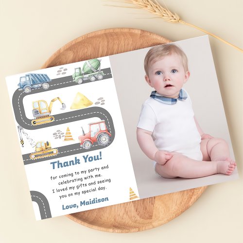 Construction Truck Birthday Photo Thank You Card