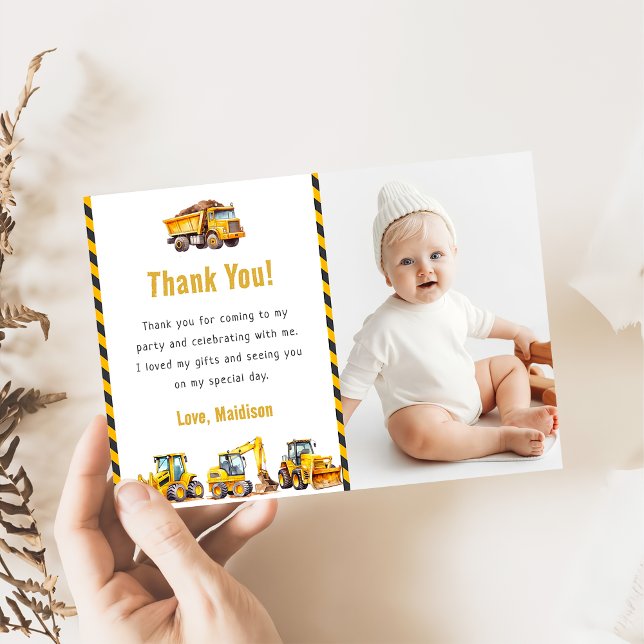 Construction Truck Birthday Photo Thank You Card (Creator Uploaded)