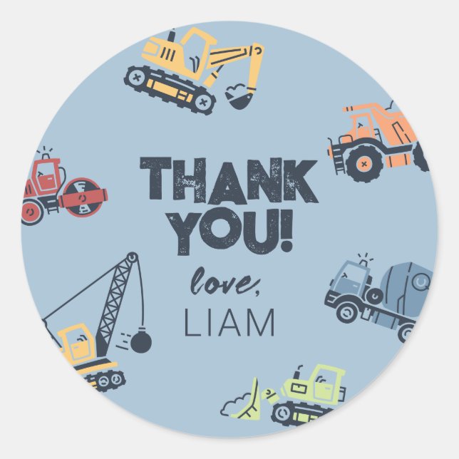 Construction Truck Birthday Thank You Stickers (Front)