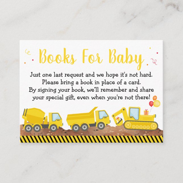 Construction Truck Boy Baby Shower Book Request Enclosure Card (Front)