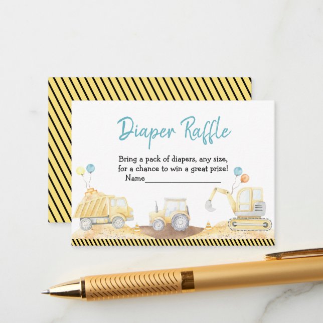 Construction Truck Boy Baby Shower Diaper Raffle Enclosure Card (Front/Back In Situ)