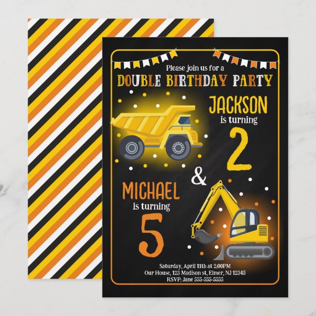 Construction Truck Boy Siblings Joint Birthday Invitation (Front/Back)