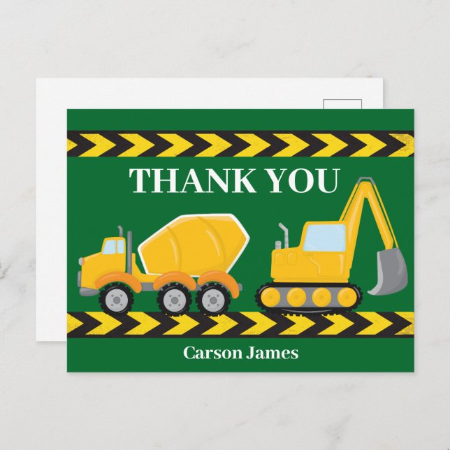 Construction Truck Boys Birthday Party Thank You Postcard (Front/Back)