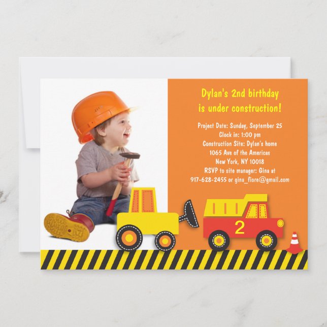 Construction Truck Boys Photo Birthday Invitation (Front)