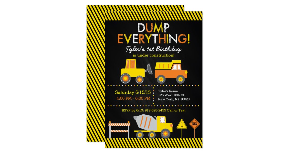 Construction Truck Chalkboard 1st Birthday Invitation Zazzle Com