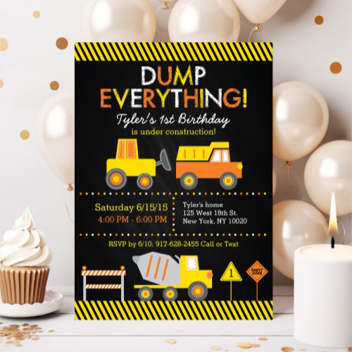 Construction Truck Chalkboard 1st Birthday Invitation