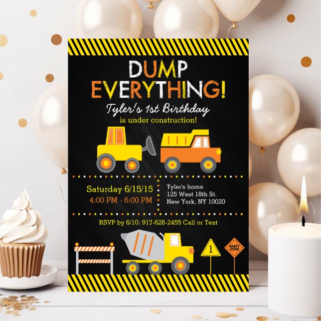 Construction Truck Chalkboard 1st Birthday Invitation (Creator Uploaded)