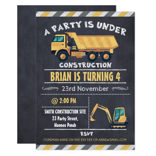 Construction Truck Chalkboard Birthday Invitation