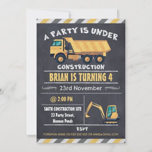 Construction Truck Chalkboard Birthday Invitation