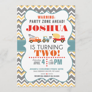 Construction Truck Chevron Birthday Invite