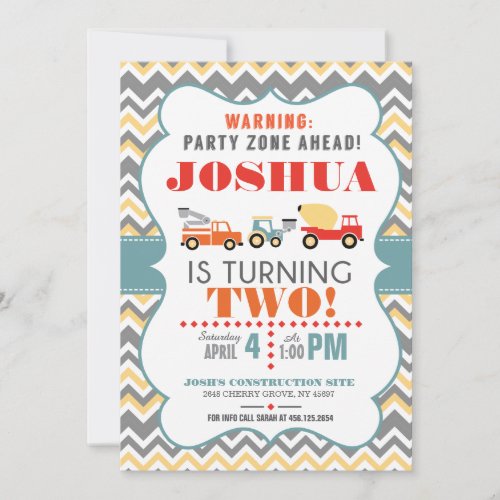 Construction Truck Chevron Birthday Invite