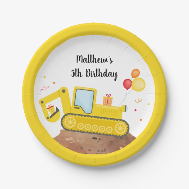 Construction Truck Digger Boy Birthday Paper Plates (Front)