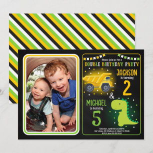 Construction Truck Dinosaur Sibling Photo Birthday Invitation