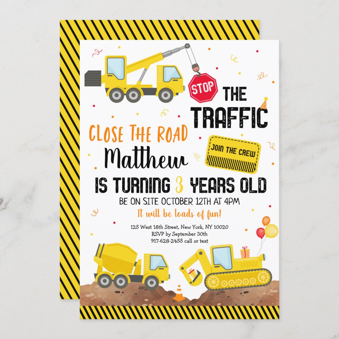 Construction Truck Dump Truck Digger Birthday Invitation 